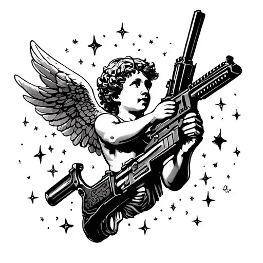 Realistic Cupid Holding Machine Gun Shooting Up At The Stars