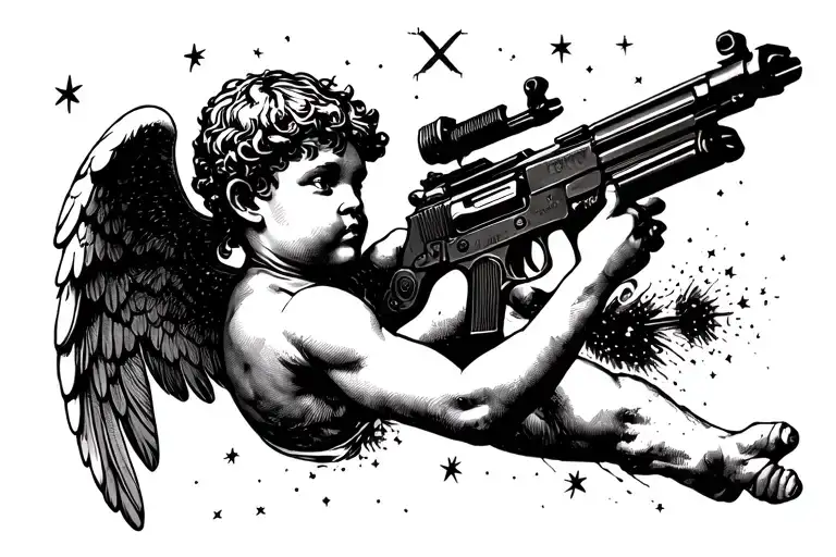 Realistic Cupid Holding Machine Gun Shooting Up At The Stars