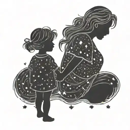 A Silhouette Of A Mother And Son Holding Hands Under A Starry Sky