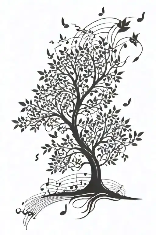 A Minimalist Tattoo Of A Tree With Music Notes As Leaves Blowing In The Wind