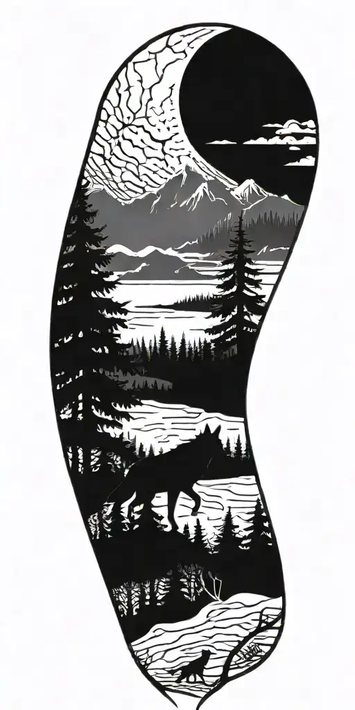A Moonlit Forest Scene With A Wolf Silhouette Howling At The Moon