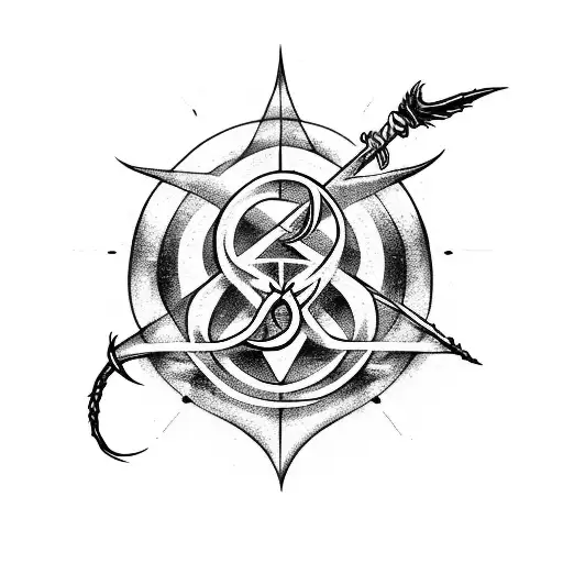 Deathly Hallows Symbol With Wand Through The Middle With Buck Beek Feathers And A Dragon Eye