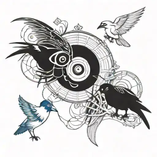 An Abstract Design Incorporating Itachi's Mangekyo Sharingan And Crows In A Blackwork Style