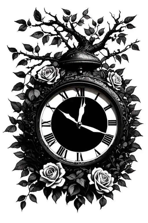 Clock Overgrown By Willow Tree And Roses