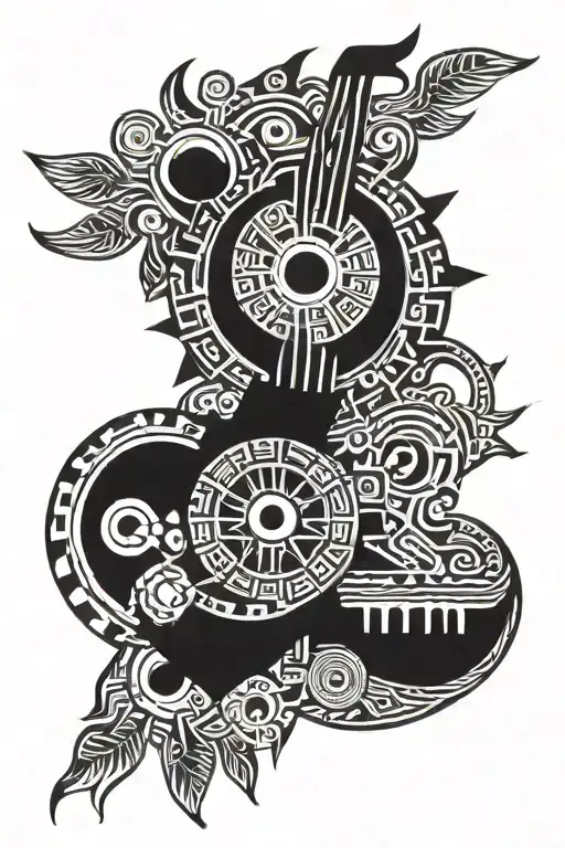 Aztec Sun Symbol With Tribal Music Instruments Hidden