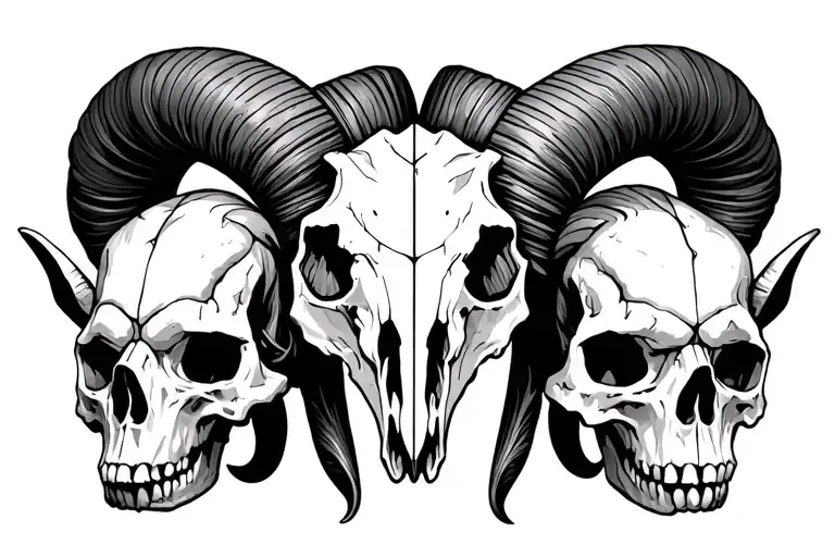 Ram Skull In The Center With Two Human Skulls On The Side