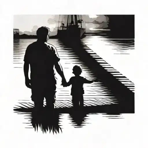 A Father And Son Holding Hands Standing On A Dock Seen From A Distance