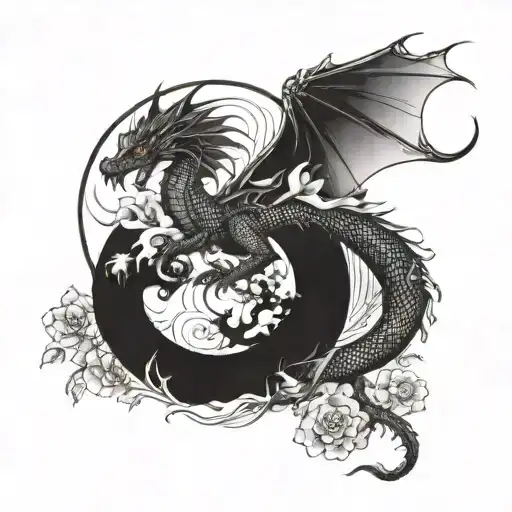 Dragon With Yinyang That Surround A Stem Of Sakura Flower