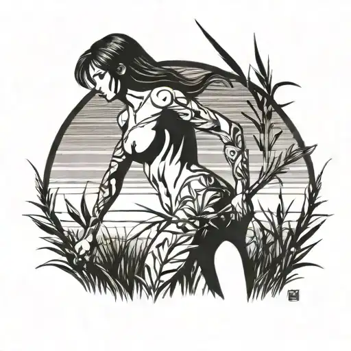 Nude Woman Warrior Standing Tall Grass Field Looking