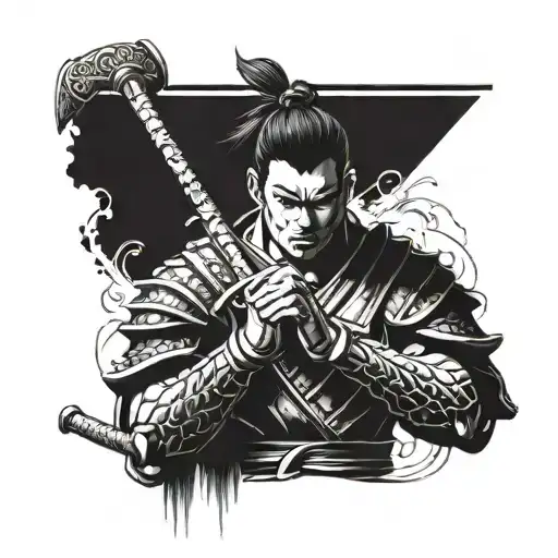 Create A Tattoo Of A Muscular Samurai With A Gym Equipment In Hand