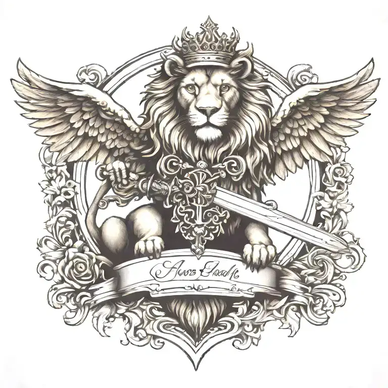 Crowned And Winged Lion Holding Sword With Keys Forming A Blank Name Banner