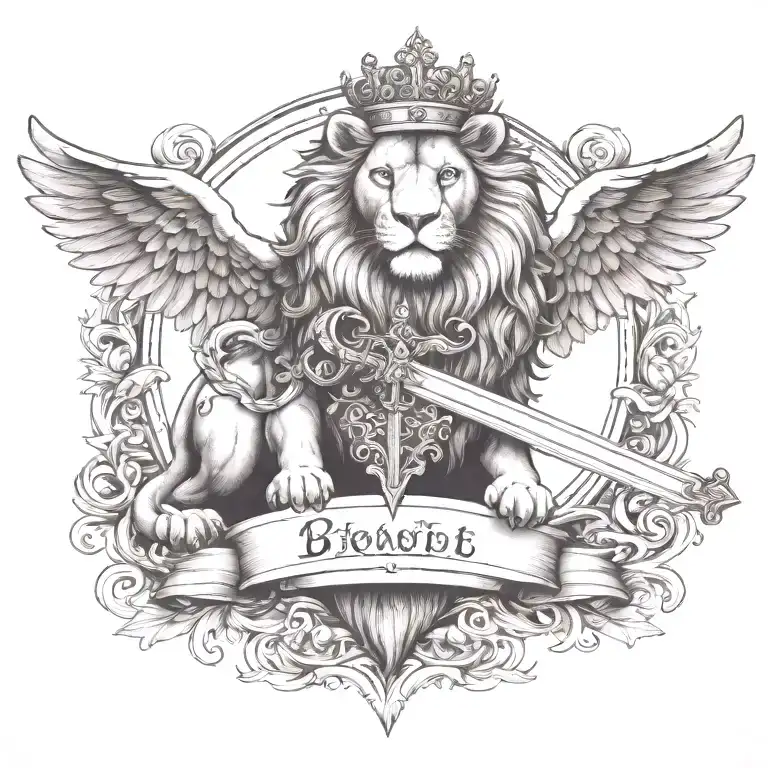 Crowned And Winged Lion Holding Sword With Keys Forming A Blank Name Banner