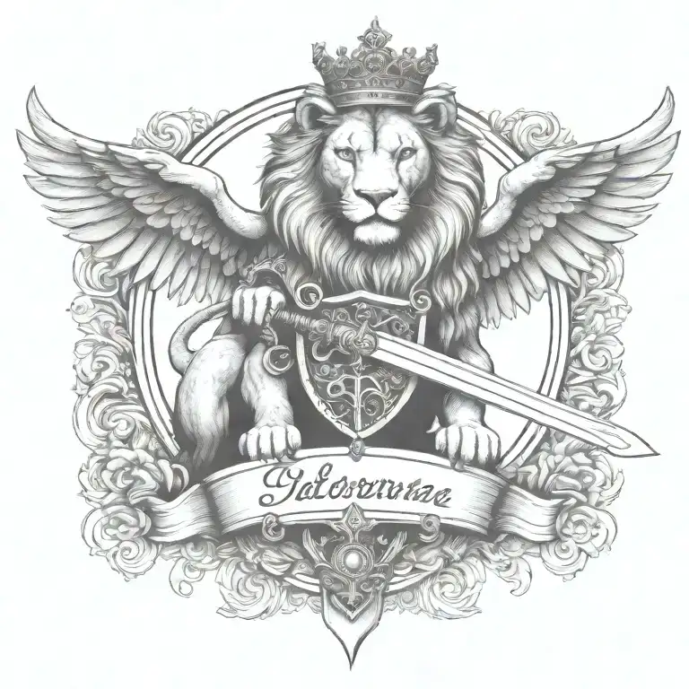 Crowned And Winged Lion Holding Sword With Keys Forming A Blank Name Banner