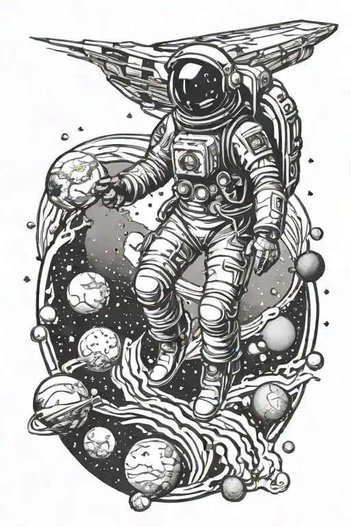 Spaceman Full-length Flying In Space With Planets