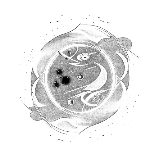 A Rocket Flying Through Space Including Some Art Of The Yin Yang Symbol