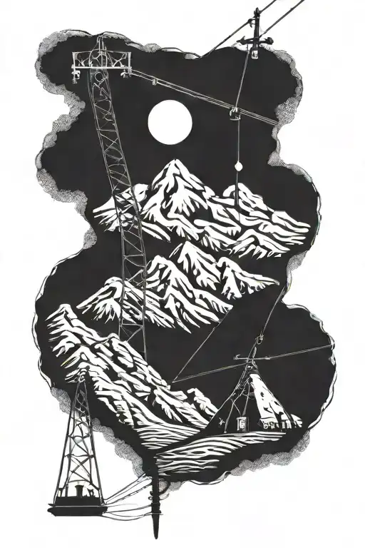 An Intricate Dotwork Tattoo Of A Mountain Landscape With A Power Line In The Background