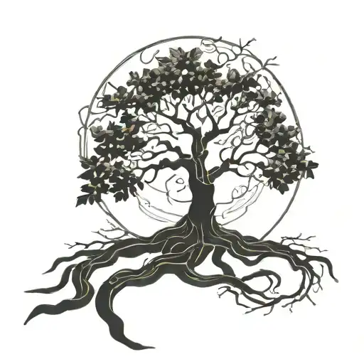 Kintsugi Tree Of Life With Roots And Thick Trunk Girl Silloute