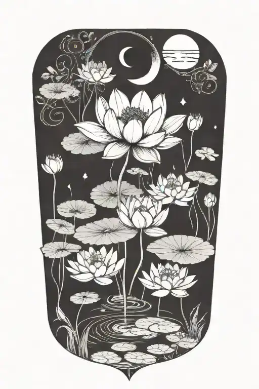 Lotus Flower Pond With Moon Phases