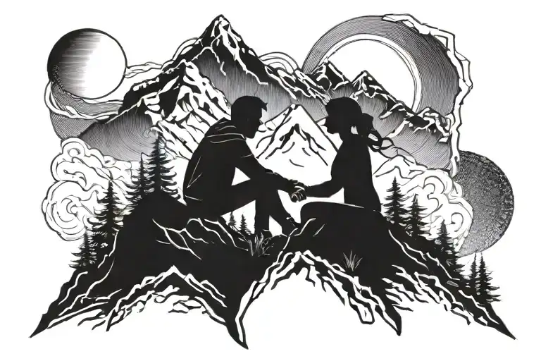 Mountains With A Father Daughter Silhouette Sitting