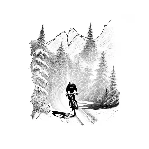 A Detailed Blackwork Tattoo Of A Mountain Biker Racing Through A Forest Trail