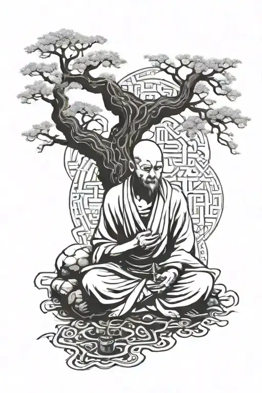 Monk With Chinese Letters And Tree Of Life