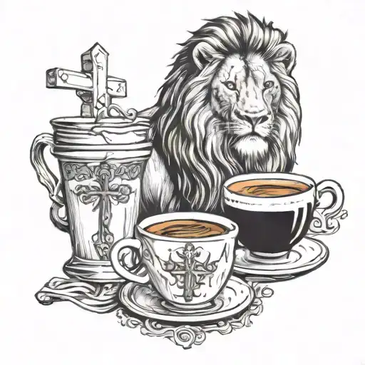 A Lion Holding A Cup Of Coffee With A Cross In The Background