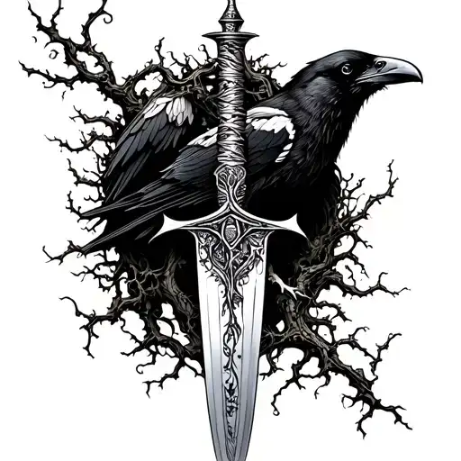 Dagger With Vines Growing Around It Stabbbed Through A Raven With A Poison Tree In The Background