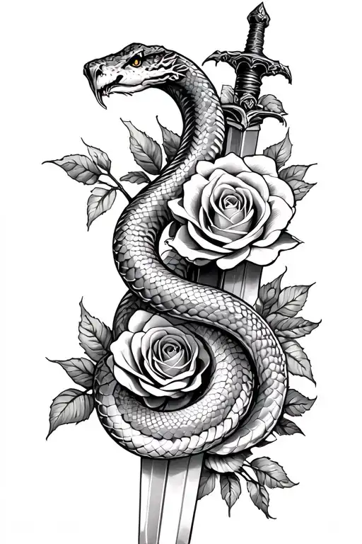 A Snake Coiled Around A Sword With Roses Surrounding Them Both