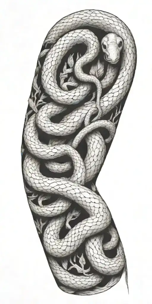 Tree Bark Arm Sleeve With Snake Coiling Around The Arm