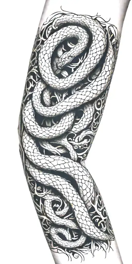 Arm Covered With Tree Bark With Snake Coiling Around The Arm