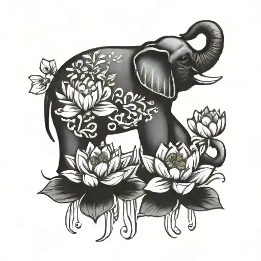 Plain Elephant Standing On And Surrounded By Multiple Lotus Flowers