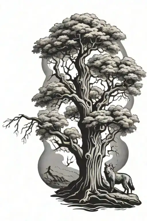 Mighty Old Willow Tree With A Wolf Laying At The Base Of The Trunk