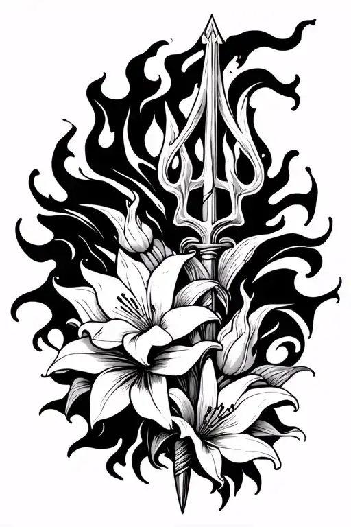 Poseidon's Trident Entwined With Lilies In Fire