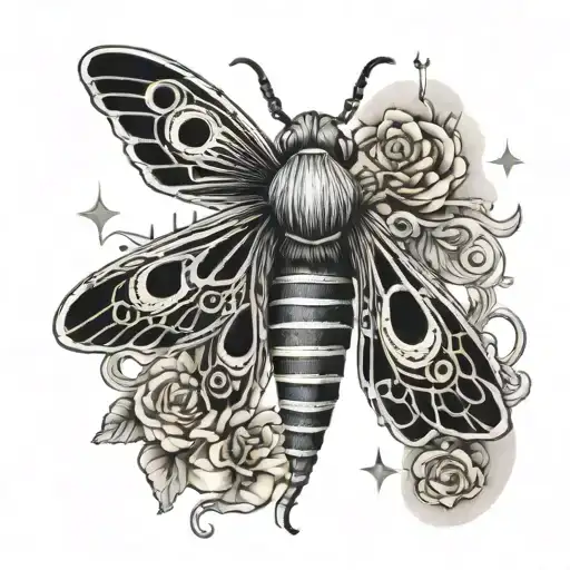 A Music-themed Tattoo Featuring A Death Head Moth Surrounded By Celestial Elements