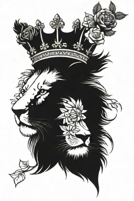 A Lion Wearing A Crown Surrounded By Roses Growing