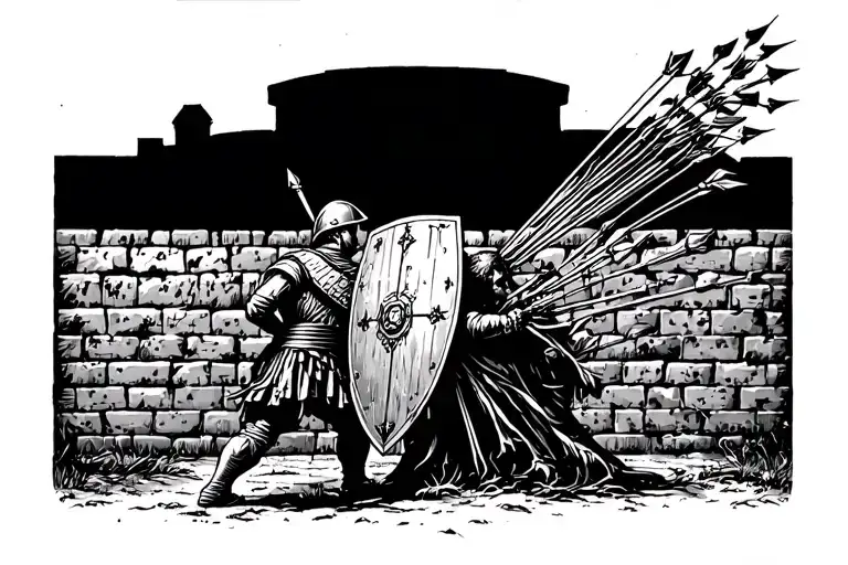 Wall Of Troy With A Soldier In The Distance Taking Cover Under His Shield From A Volley Of Arrows