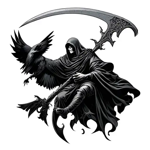 Grim Reaper Floating Holding A Scythe With Raven