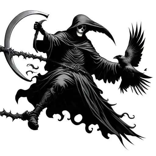 Grim Reaper Floating Holding A Scythe With Raven Flying