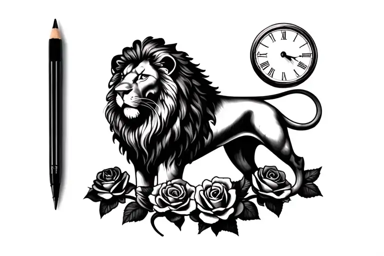 Lion With Clock Face And Three Roses