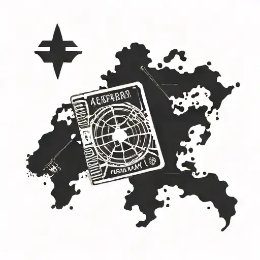 A Blackwork Tattoo Of A Passport With Travel Stamps And Technology Symbols