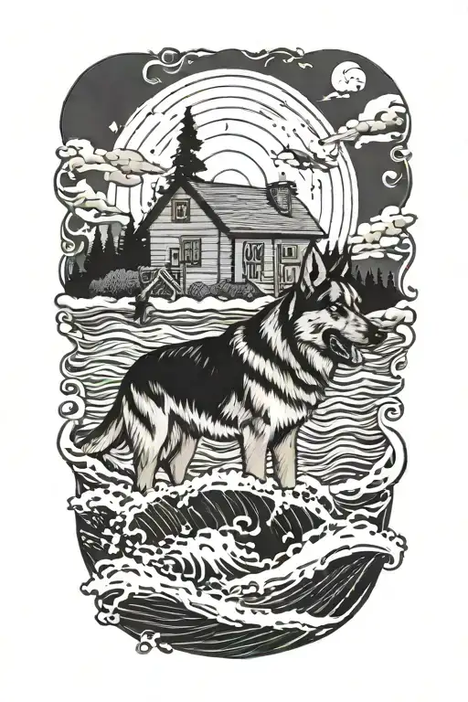A Tattoo With My House Surrounded By Waves A Boat And A German Shepherd Dog