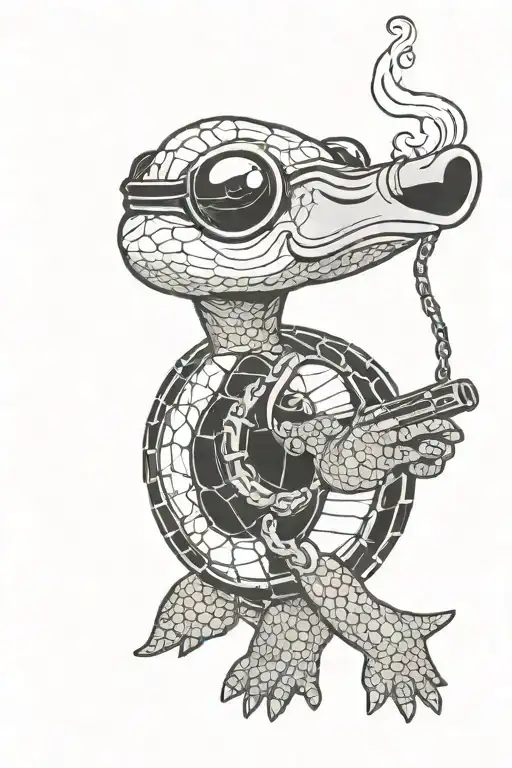 Turtle Holding Tommy Gun With Gold Chain Smoking Cigarette