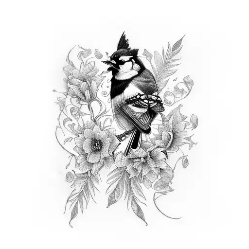 Blue Jay Bird With Violet And Marrigold Flower