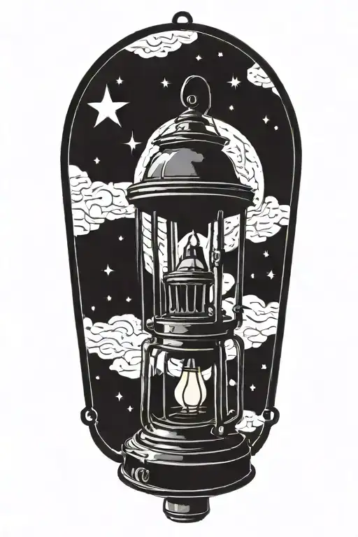 Old Lantern With Night Sky Filled With Stars On The Side