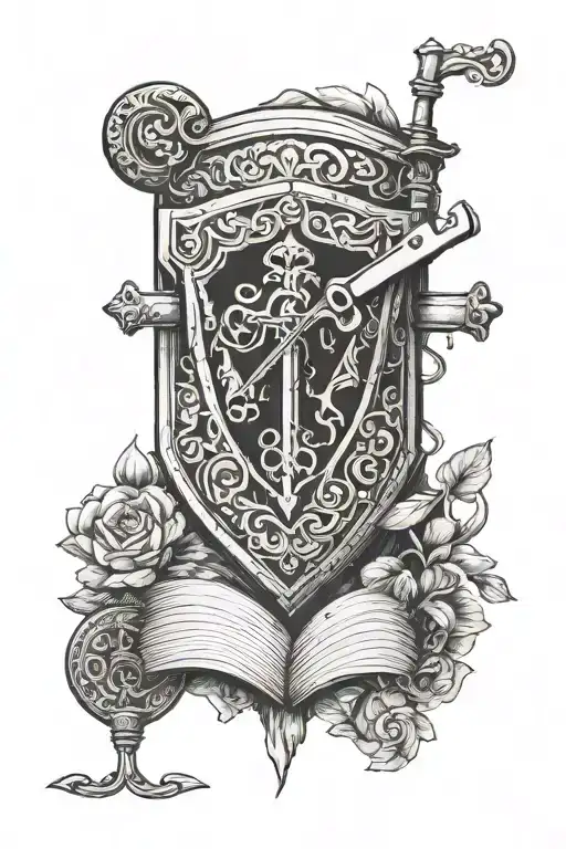 A Book And A Key Set In A Shield