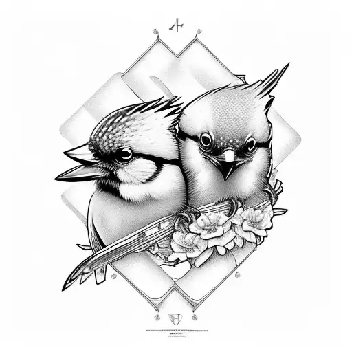 Blue Jay Bird Japanese Style Thick With Two Baby Birds Below