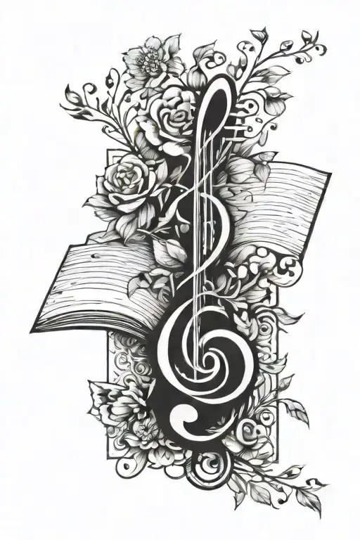 A Unique Tattoo Design Combining Musical Notes And Book Pages Intertwined With Flowers And Vines