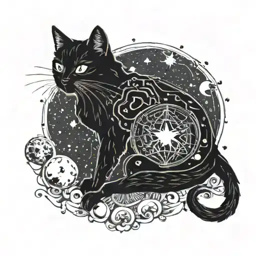A Mystical Black Cat Surrounded By Celestial Bodies And Tarot Cards