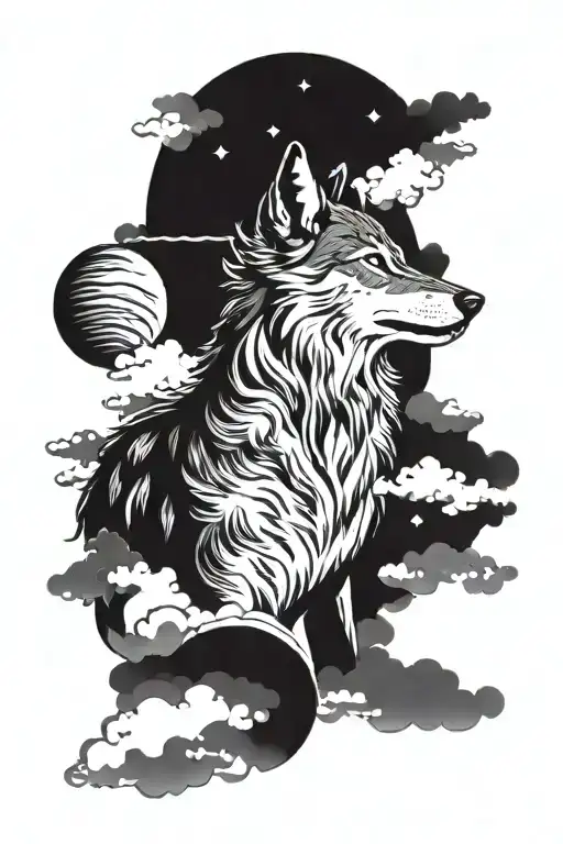 Wolf Howling At Jupiter Looking At Space With Clouds