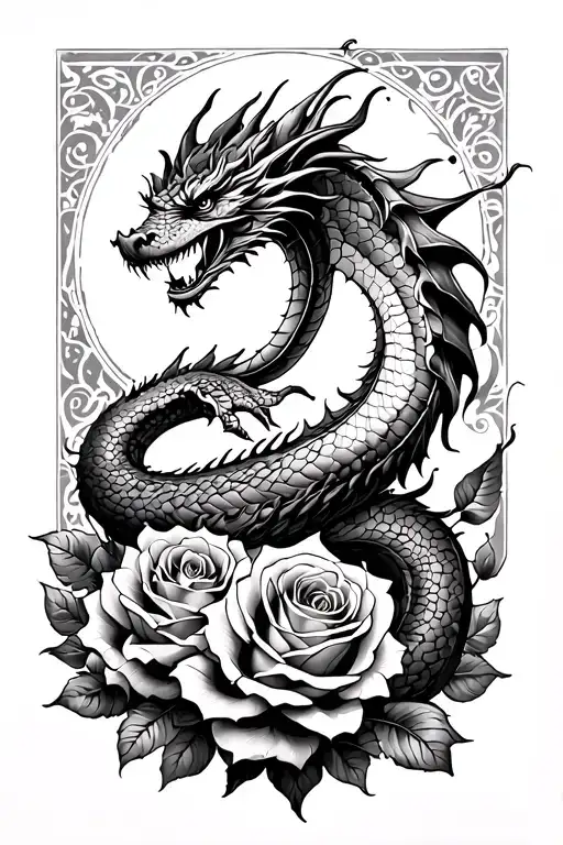 Dragon From Above Flying Upwards Like A Snake With Roses Intertwined
